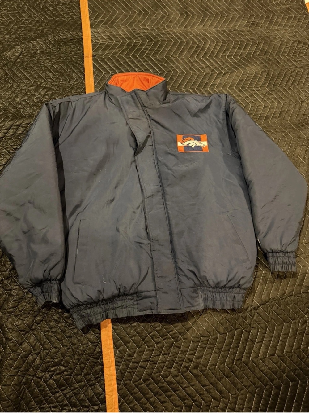 Vintage Men’s Navy and Orange Puffer Jacket with Team Logo